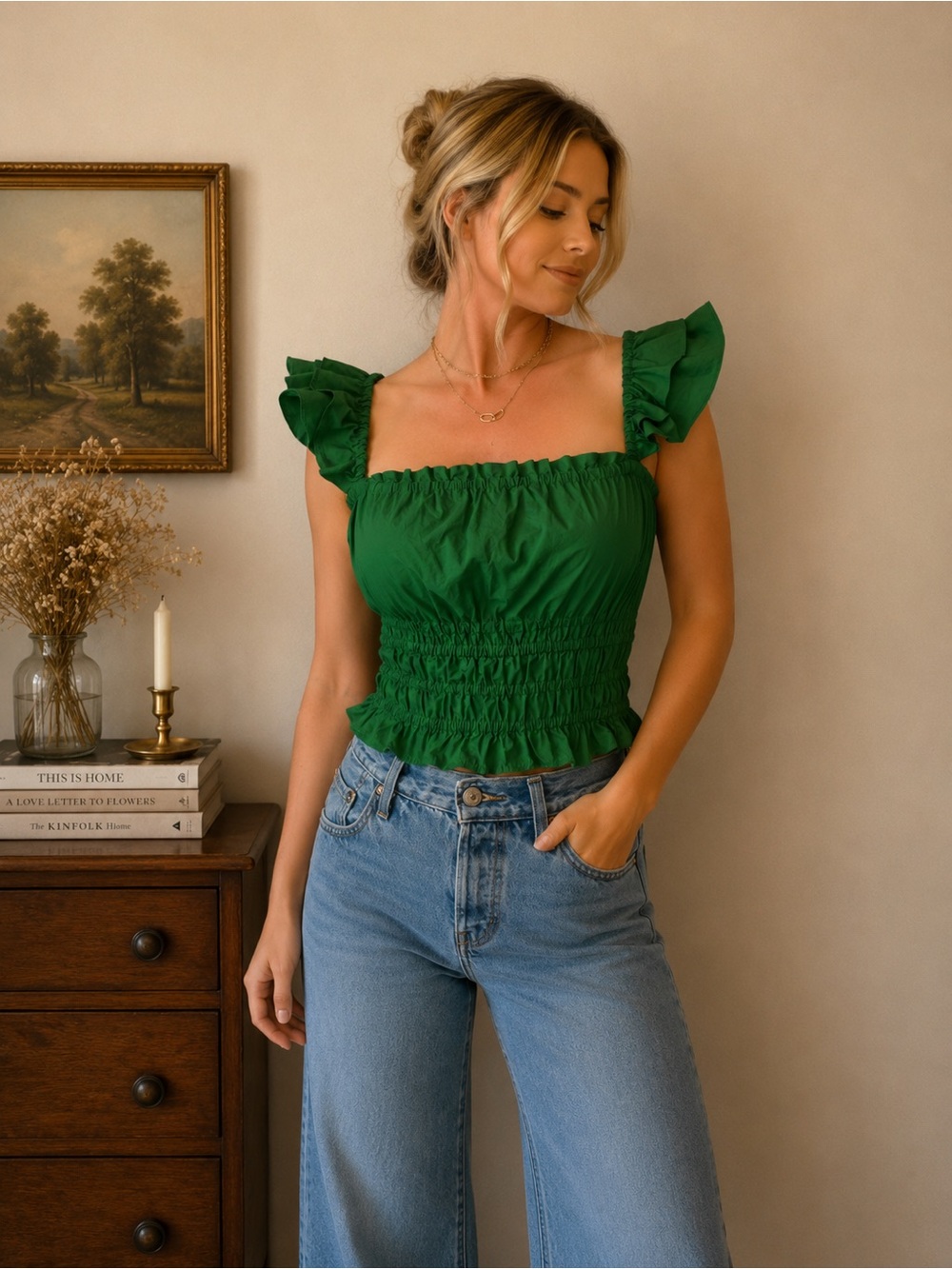 Maeve by Anthropologie Green Ruffle Smocked Top – Size 2